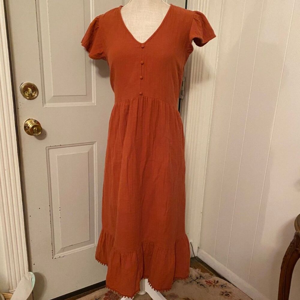 Time and Tru Rust Orange Cotton V-Neck Midi Dress Size L